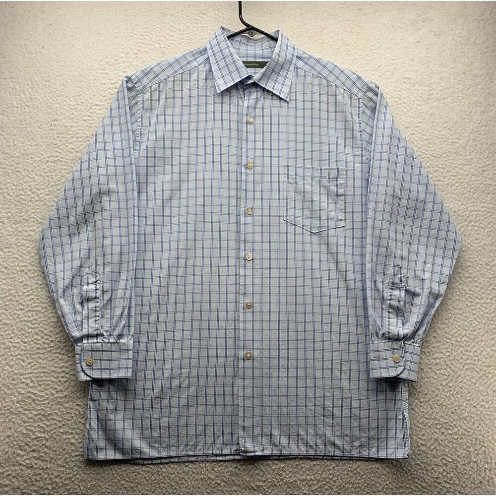 Ermenegildo Zegna Dress Shirt Mens XL X-Large Light Blue Check Preppy Designer